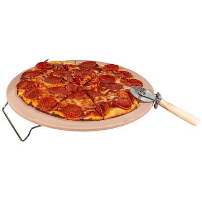 Pizza Stone - 15-Inch Pizza Stone for Oven or Grill with Pizza Cutter and Metal Serving Rack/Handles by Classic Cuisine