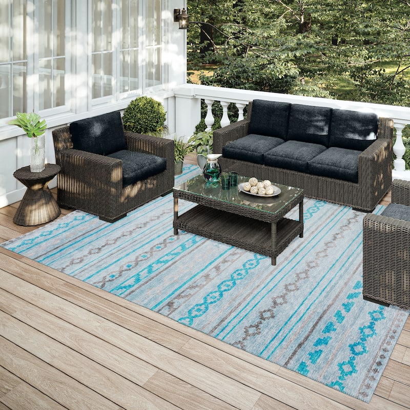 Indoor/ Outdoor Addison Yuma Southwest Striped Washable Area Rug - 5' x 7'6" - Turquoise