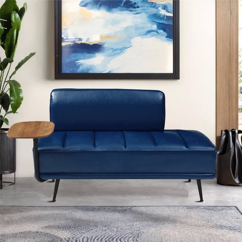 Modern minimalist bench with upholstered backrest and 360-degree swivelling side table, metal legs - Blue