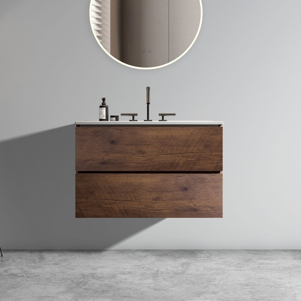 Modern Walnut Bathroom Vanity with Silent DTC Soft-Closing Drawers, Eco-friendly E1 Boards, Handle-Free Design, 30-inch