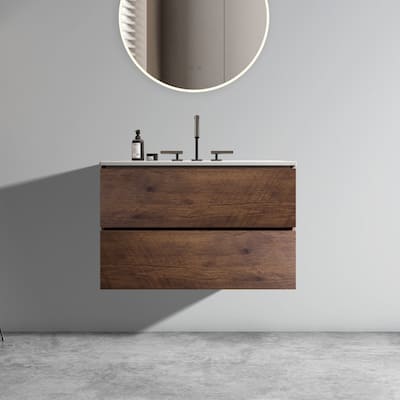 Wall Mount 30" Walnut Bathroom Vanity with Ceramic Sink with three faucet holes,Large Storage Floating Bathroom Vanity