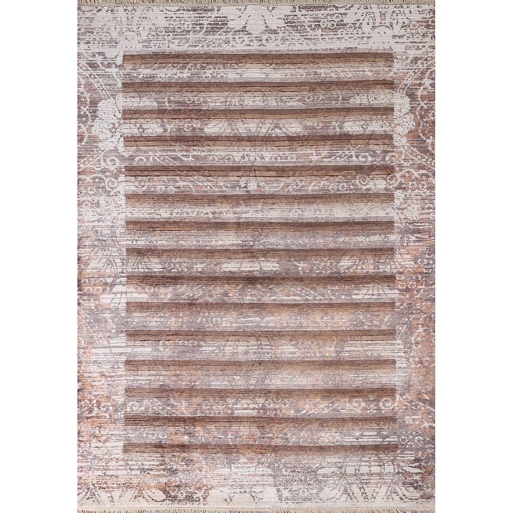 Striped Brown Abstract Oriental Accent Rug Handmade Wool Carpet - 4'1"x 5'11"