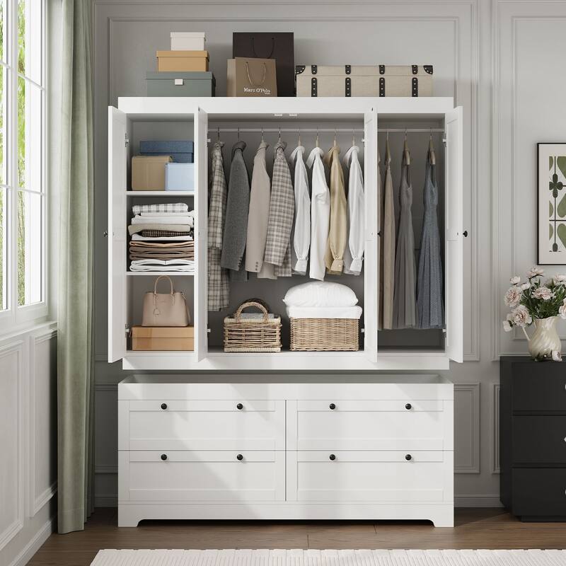 Gyomojoy Large White Wardrobe Closet with Drawers & Doors, Modular Armoire with Hanging Rods, Apartment & Dorm Storage