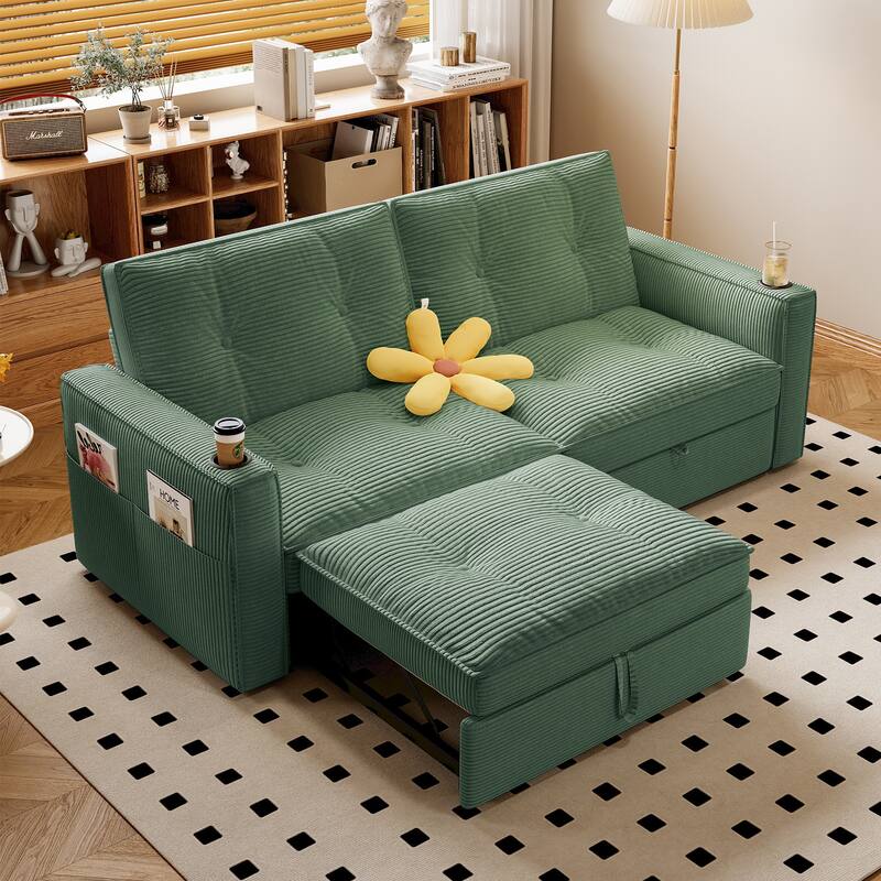 Multi-Functional Corduroy Loveseat Couch Convertible Sleeper Sofa Bed with Cup Holders and Side Pockets for Sitting, Sleeping