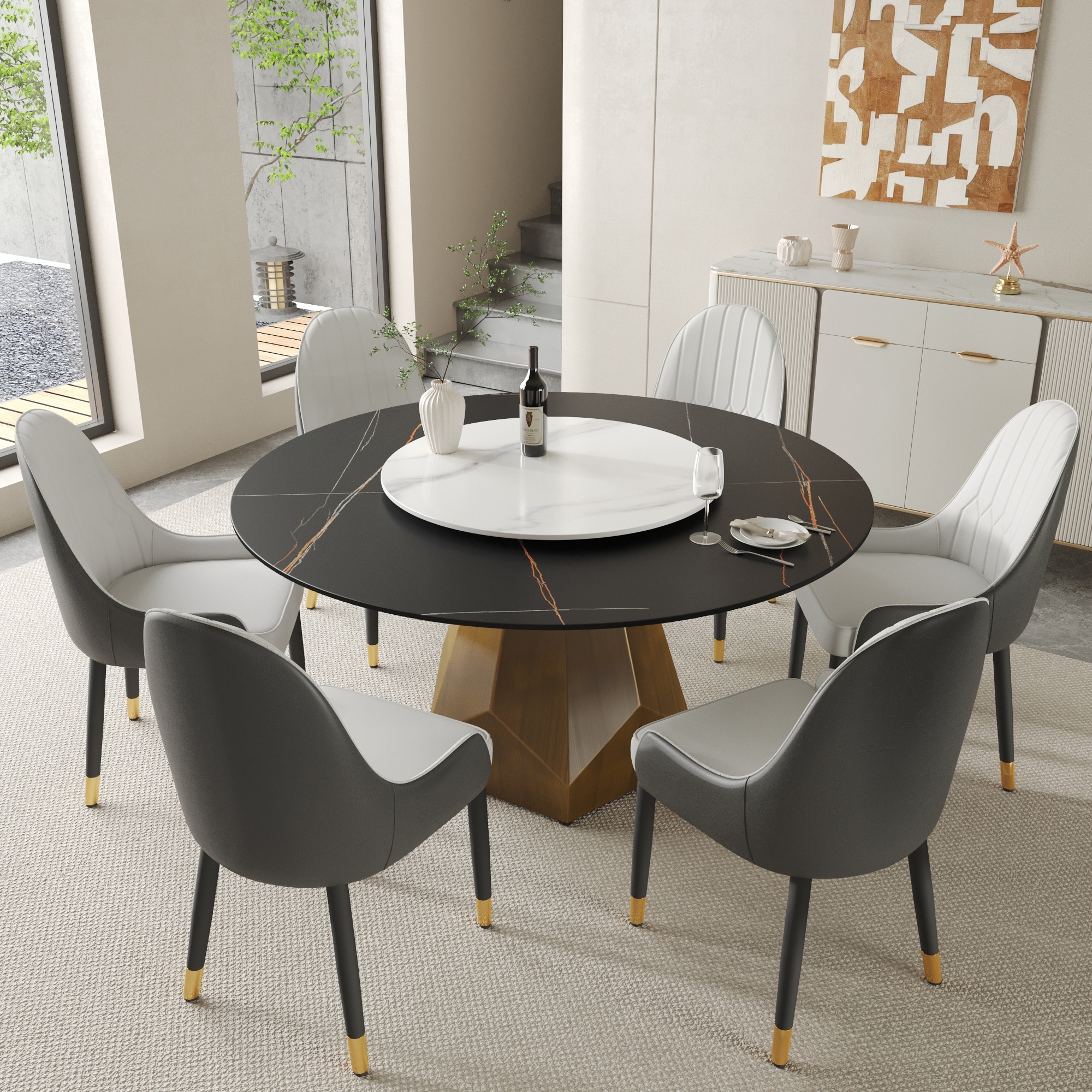 59" Round Marble Sintered Stone Dining Table, Modern Kitchen Dining Table with Round Bronze Finish Metal Base for 8 People