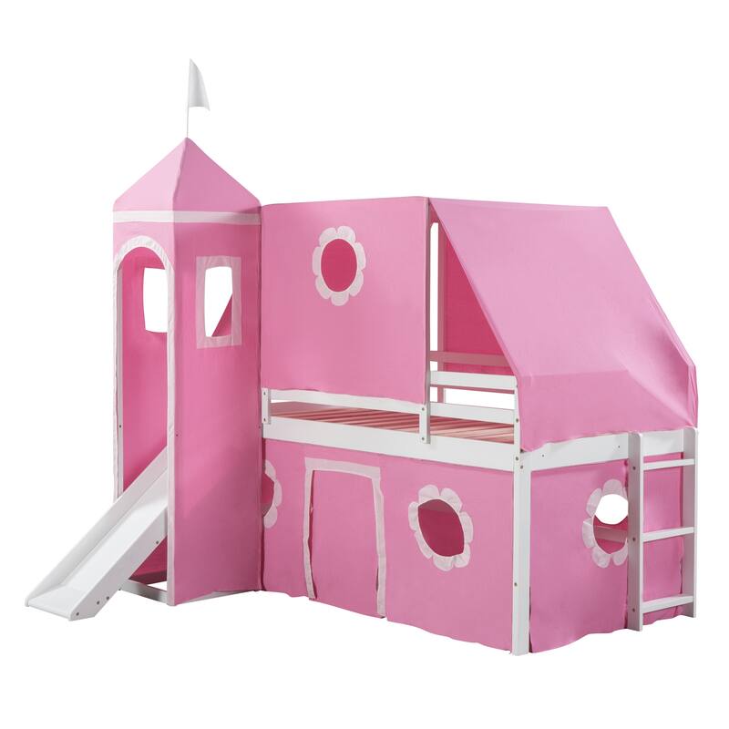 Pink Pine Wood Castle-Inspired Bunk Bed with Slide and Ladder, Tent