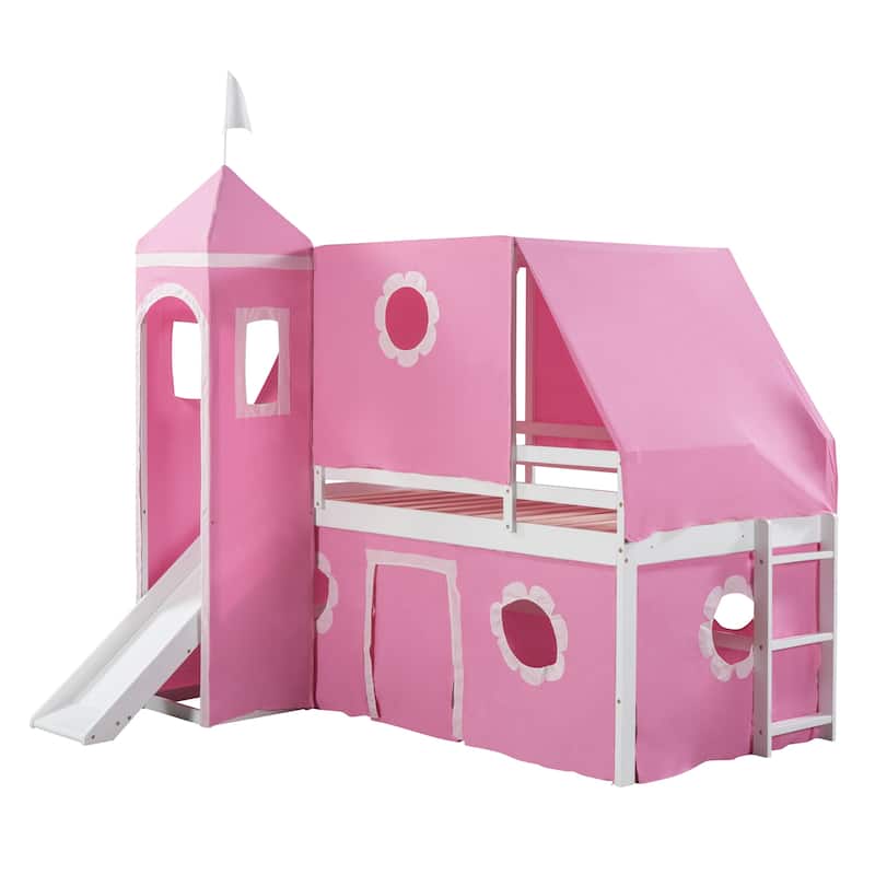 Twin Size Cute Solid Wood House Loft Bed with Slide, Tent, and Tower for Bedroom