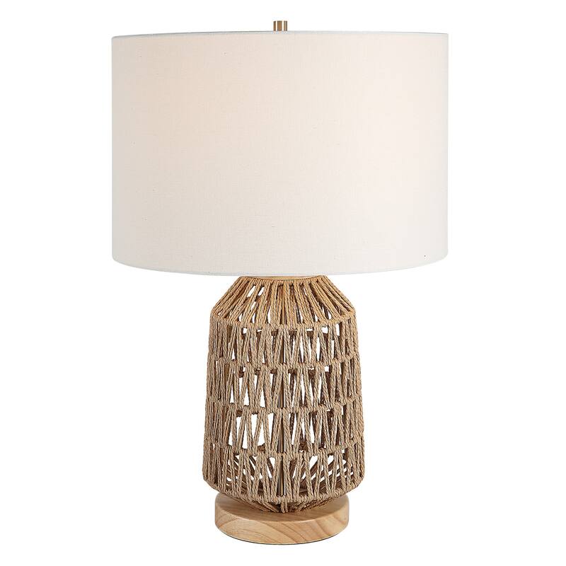 24 Inch Table Lamp, Brown Woven Rope, Linen Shade, Wood Base, Off White