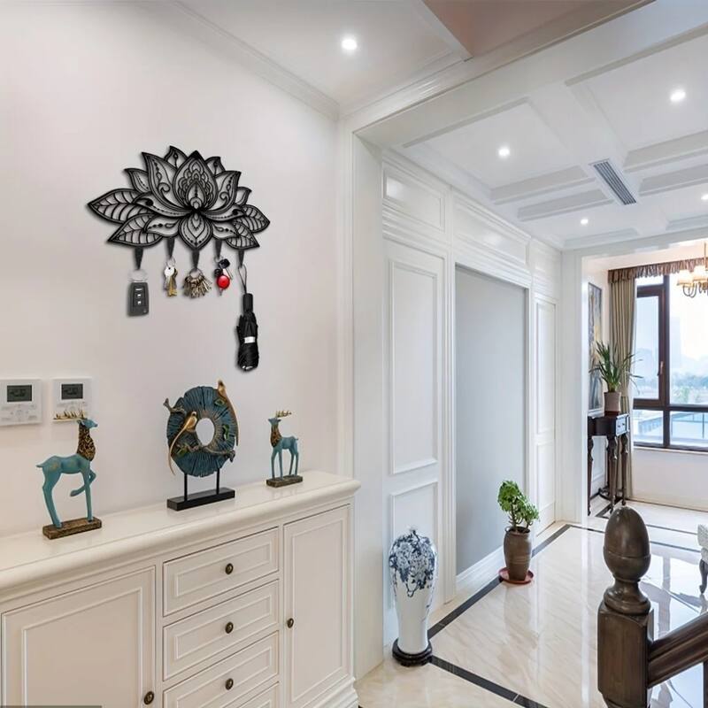 Wall-Mounted Towel Rack with 6 Hooks Black Matte Metal Space-Saving Bathroom Organizer - N/A