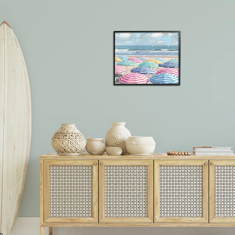 Stupell Shore with Bright Umbrellas Framed Giclee Art Design By Amber Sterling