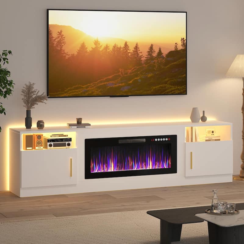 BOSSIN 80" Modern Electric Fireplace TV Stand with 20-Color LED Lights, Fits Up to 90" TV, Adjustable Shelves & Storage Cabinets - White