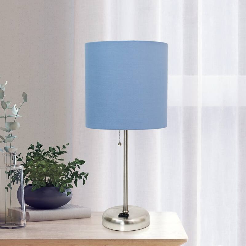 Brushed Steel Bedside Table Desk Lamp with Drum Shade - 19.5" - Silver and Blue