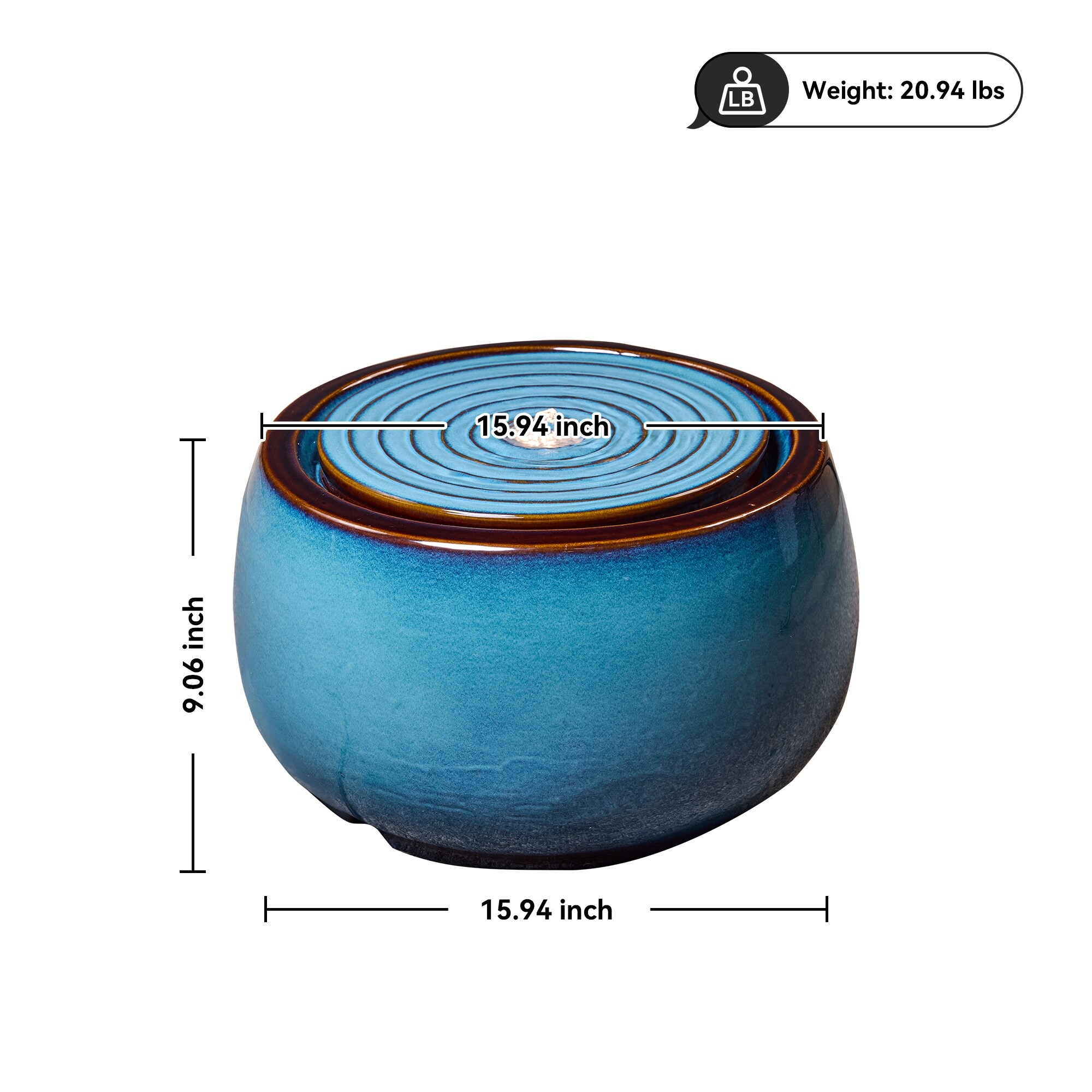 Round Blue Ceramic Water Floor Fountain with LED Light and Pump