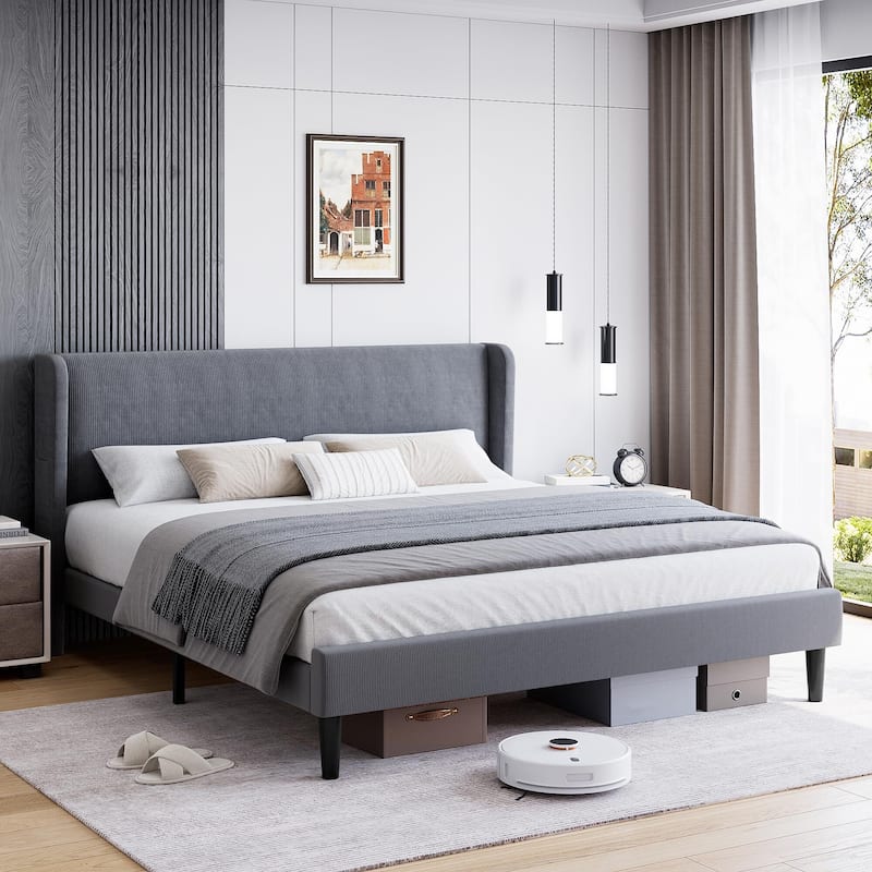 Platform Bed Frame with Upholstered Wingback Headboard