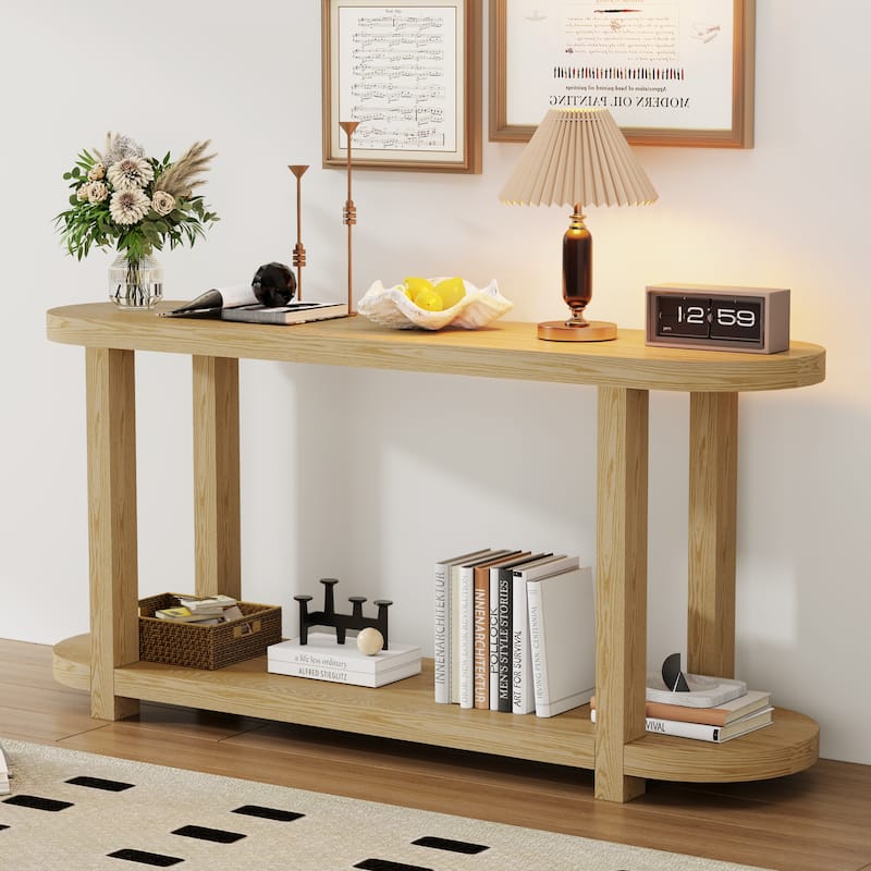 2 Layer Entryway Table Oval Console Tables with Open Storage Shelf - Natural