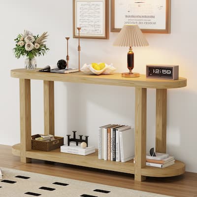 2 Tier Console Table with Oval Tabletop, 63" Narrow Long Sofa Table Behind Couch Hallway Entryway Table