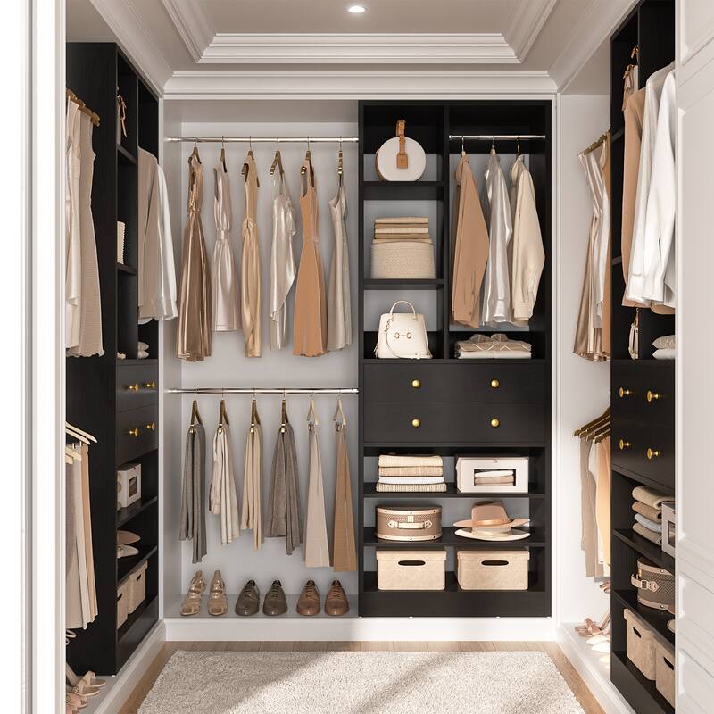 Closet Organizer with 5 Hanging Rods and 2 Drawers, Adjustable Closet System with Shelves and Shoe Rack