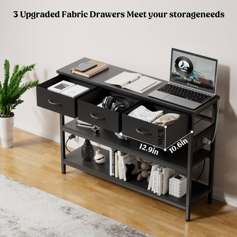 43.3" Console Table with 3 Fabric Drawers, Power Outlets & USB Ports