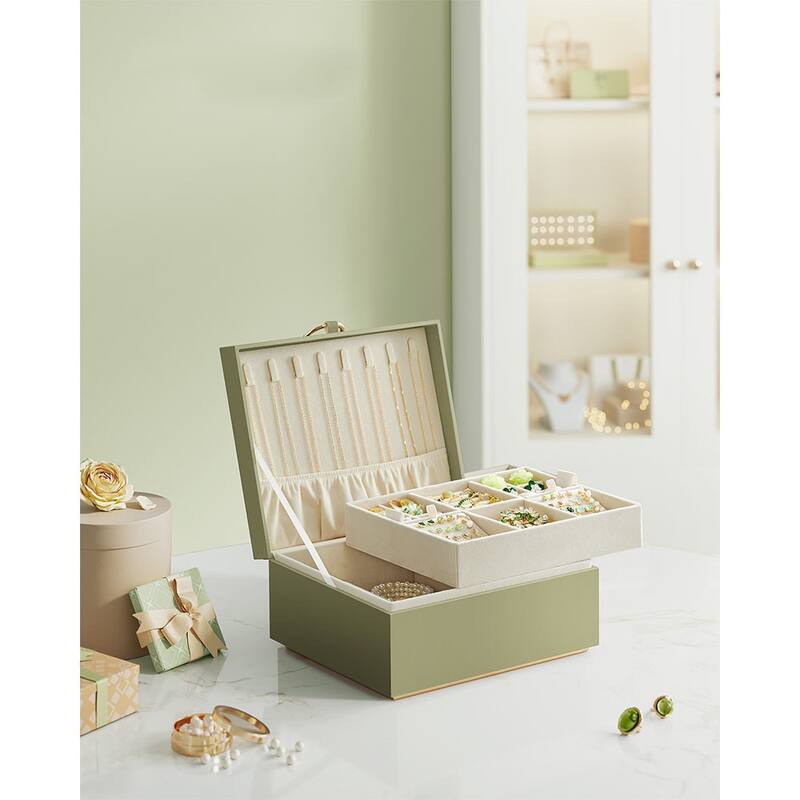 2-Layer Jewelry Organizer Box with Gold Metal Handle Perfect Gift for Birthdays or Anniversaries - 8.1"D x 9.4"W x 4.3"H