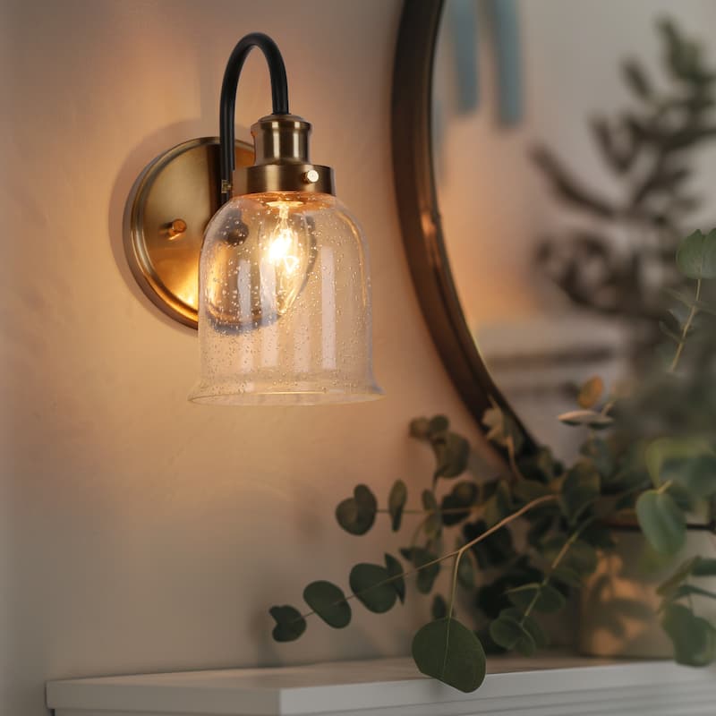 Modern 1-Light Black Gold Wall Sconces Bell Seeded Glass Bathroom Vanity Lighting - 4.7" L x 7" W x 9" H