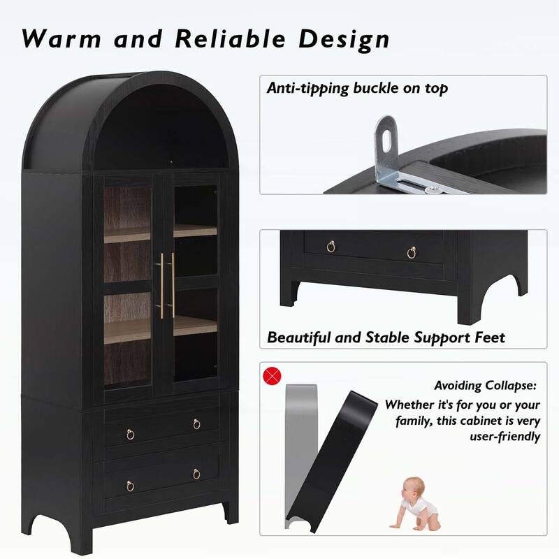 Tall Arched Cabinet with 2 Large Drawers,Modern Farmhouse Design,for Kitchens and Dining Rooms,Living Room
