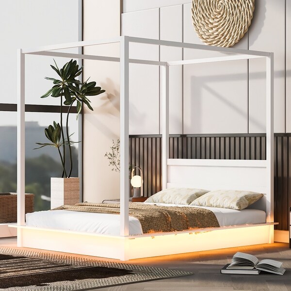 4 Poster Canopy Floor Bed Frame with LED Light Twin.Full Queen King Size Canopy Platform Bed with Support Slats for Bedroom Bed Bath Beyond 40524258