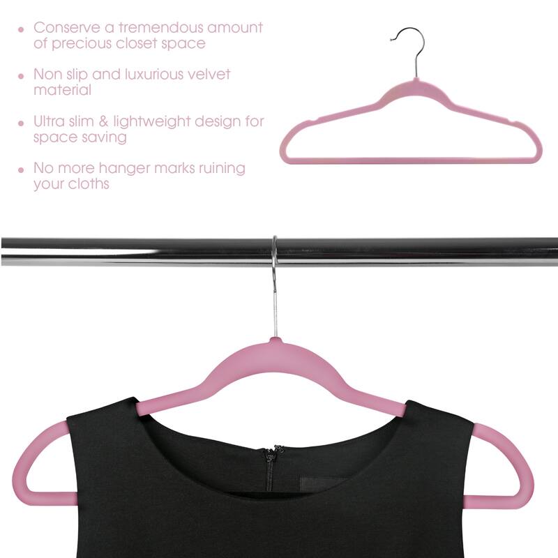 Elama Home 50Pc Velvet Slim Clothes Hangers w/ SS Swivel Hooks in Pink