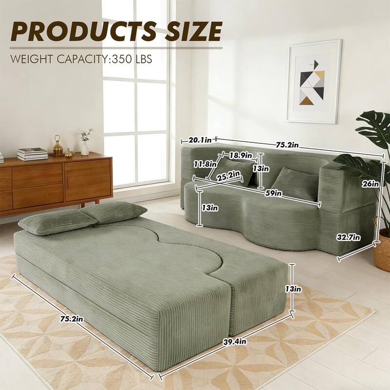 75 Inch Memory Foam 2-in-1 Foldable Sleeper Sofa Bed w/ 2 Pillows for Living Room