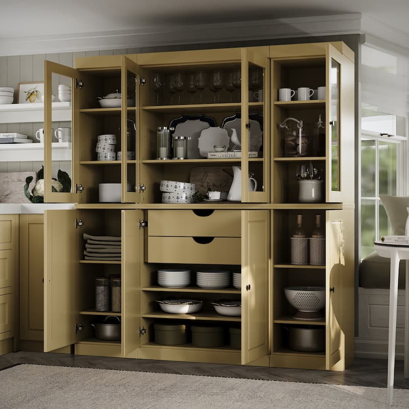 Palace Imports 100% Solid Wood Kitchen China Cabinet Pantry with Glass or Solid Wood Doors and 2-Drawer Kit - 65" x 71.5" - Yellow - 4 Clear Glass-4 Solid