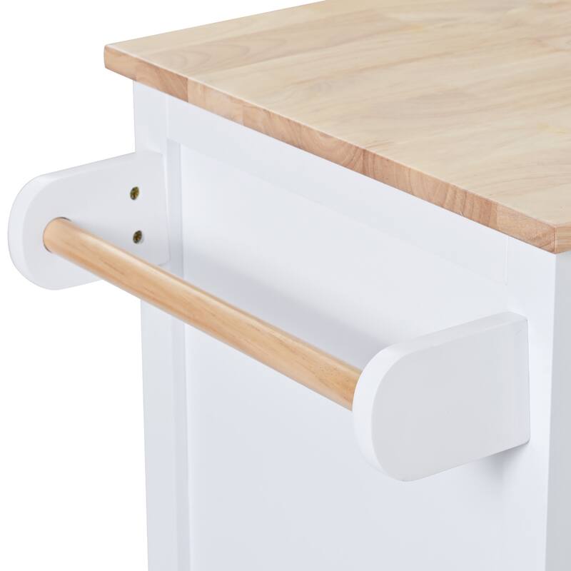 Kitchen Island with 8 Handle-Free Drawers, Rubber Wood Top, Flatware Organizer & 5 Wheels for Storage & Organization