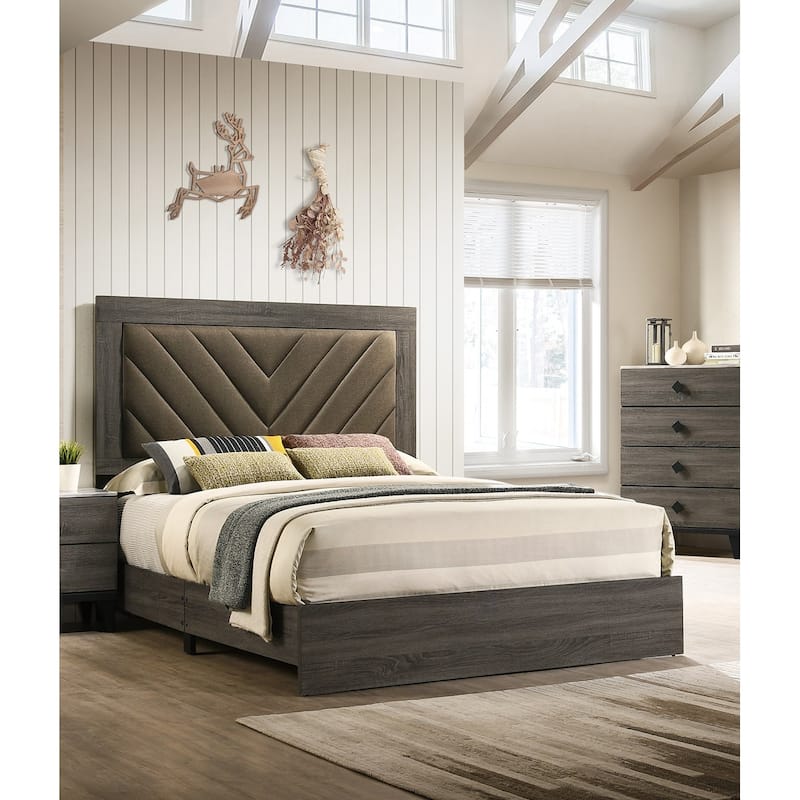 Queen Size Rubberwood Upholstered Platform Bed Frame with V-Shaped Fabric Headboard