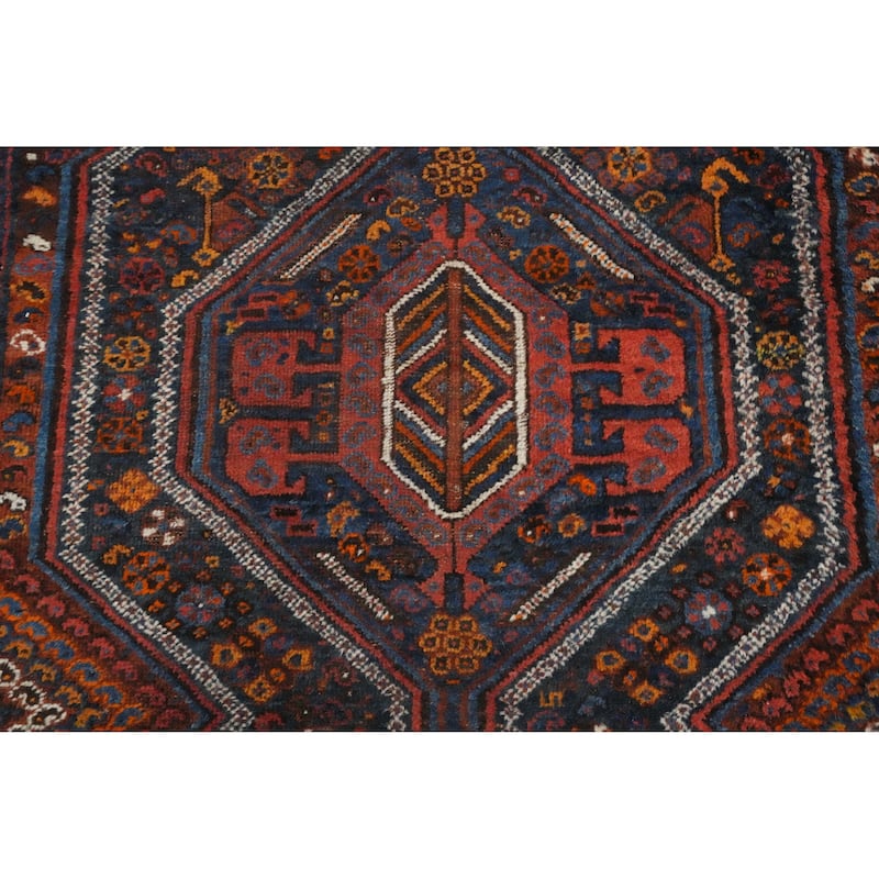 Hand Knotted Oriental 100% Wool Carpet Traditional Tribal Navy Blue & Blues Shiraz Runner Rug - 12' 2'' X 4' 3''