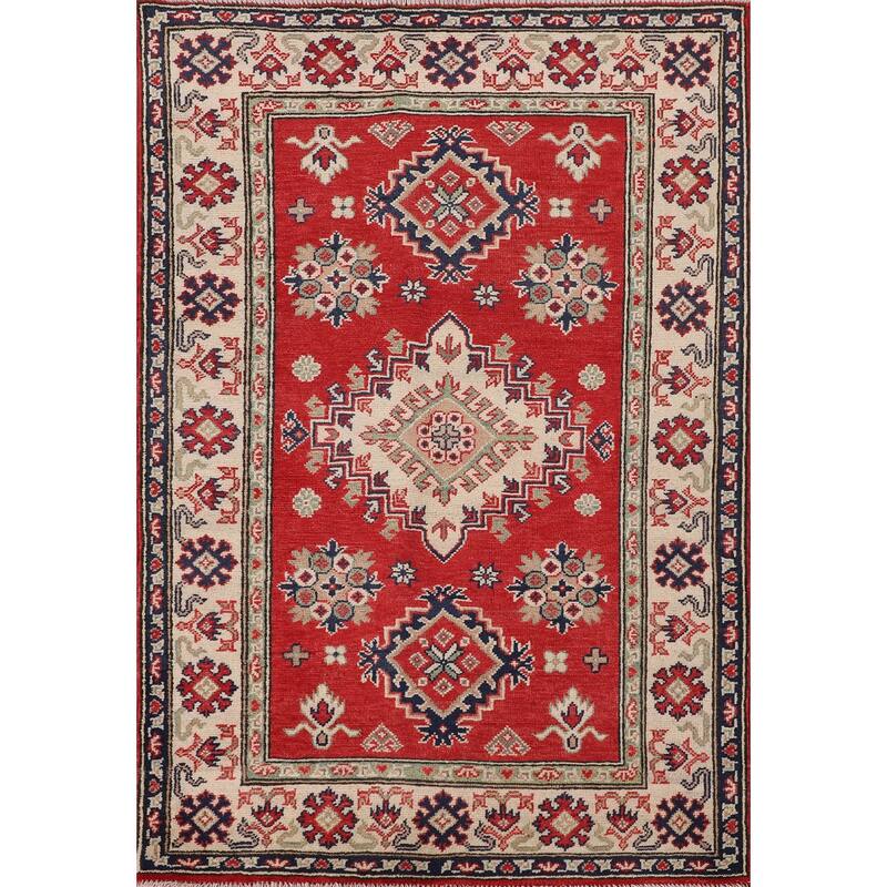 Red Kazak Accent Rug Handmade Oriental Wool Carpet - 3'4"x 4'11"