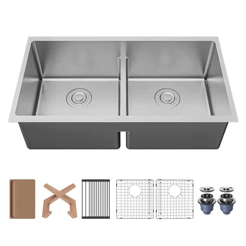 Karran Fusion Undermount 33-in x 18-in Stainless Steel Double Equal Bowl Workstation Kitchen Sink