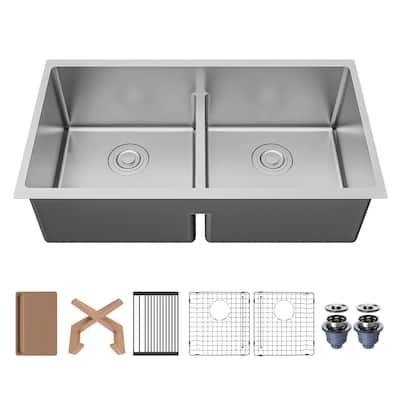 Karran Fusion Undermount 33-in x 18-in Stainless Steel Double Equal Bowl Workstation Kitchen Sink