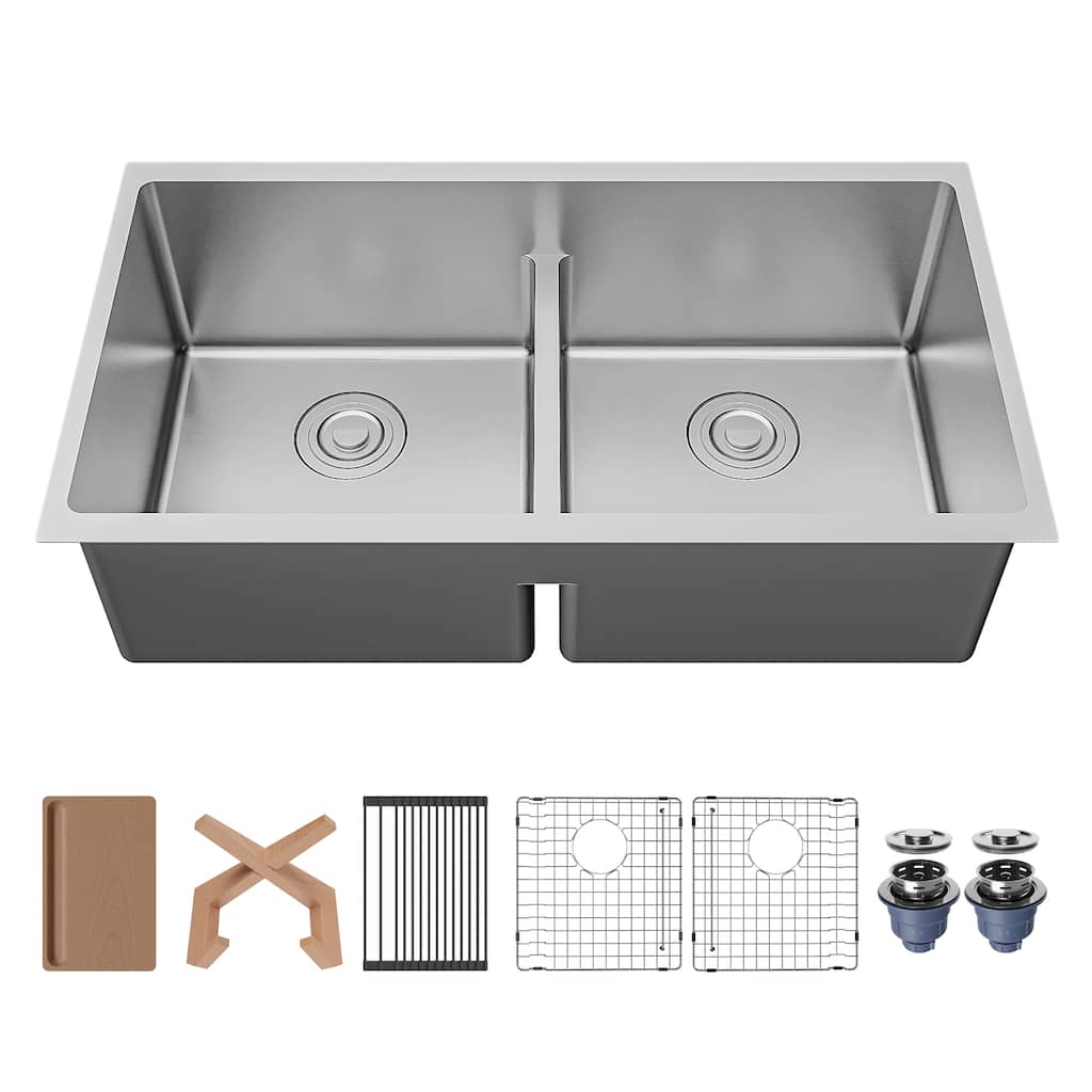 Karran Fusion Undermount 33-in x 18-in Stainless Steel Double Equal Bowl Workstation Kitchen Sink