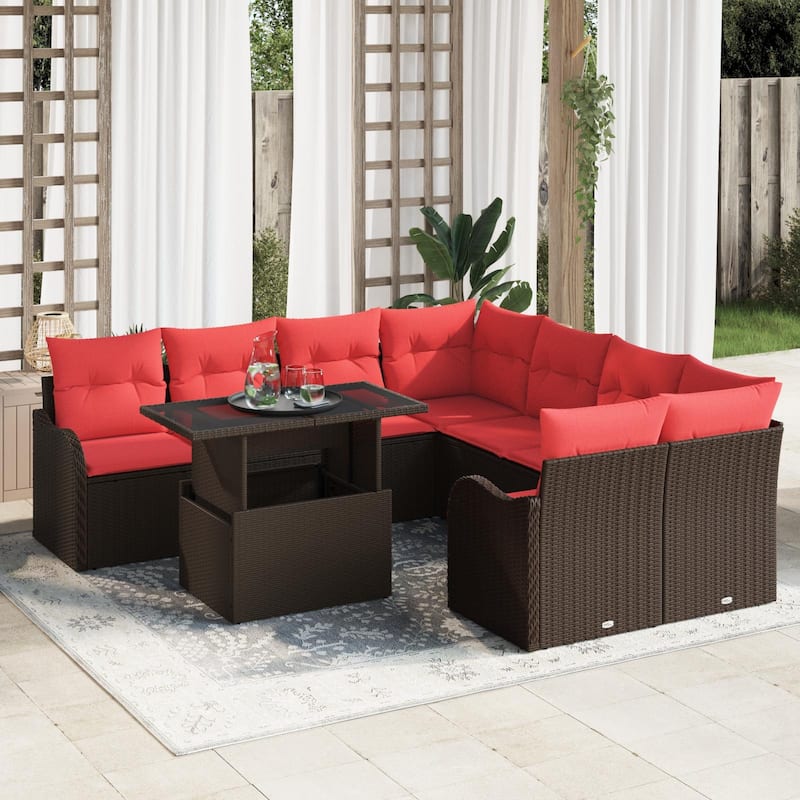 vidaXL 9 Garden Sofa Set with Cushions Black/Brown/Grey Poly Rattan - 91.5 x 92.1 x 27.2 - Brown
