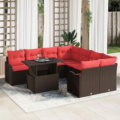 vidaXL 9 Garden Sofa Set with Cushions Black/Brown/Grey Poly Rattan - 91.5 x 92.1 x 27.2
