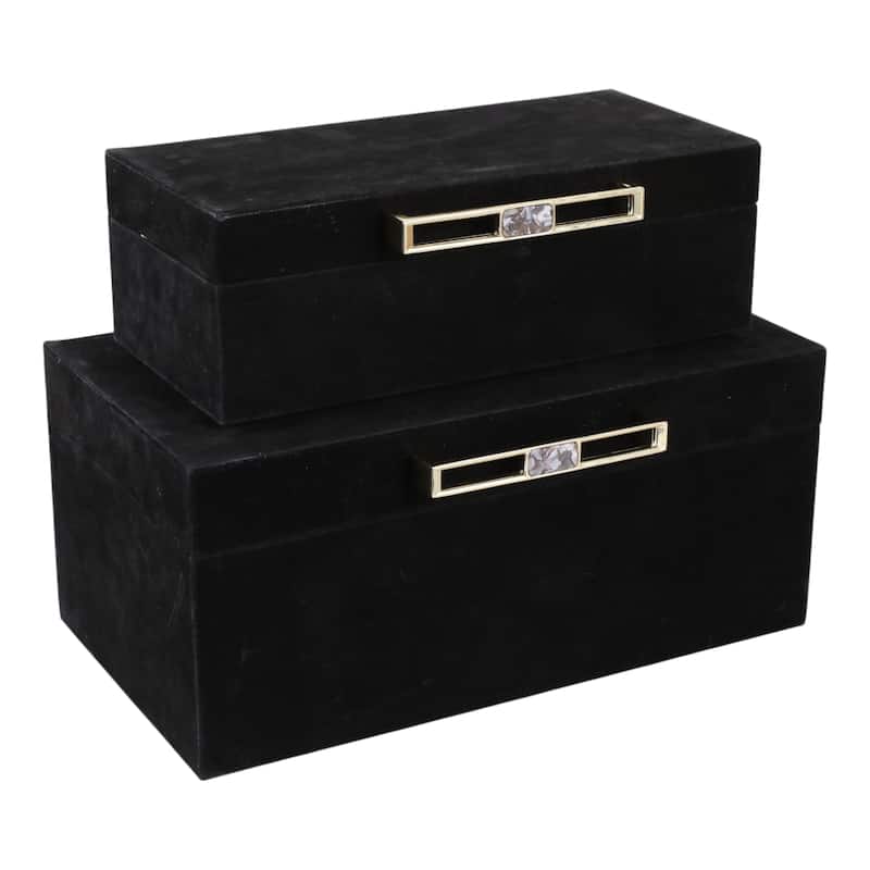 Elegant Suede Box with Lid and Metal Handle - Set of 2, 14",12", Black - 14.0"