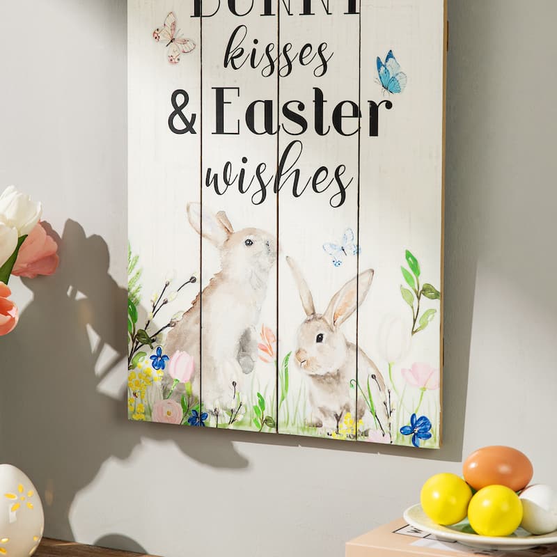 Glitzhome 18"H Happy Easter Wooden Bunny Art Sign Wall Decor