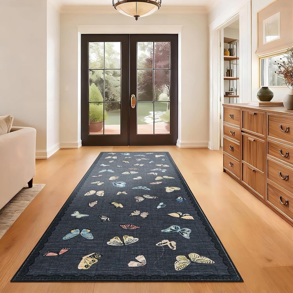Butterfly Pattern Area Rug, Washable Non Slip Low Pile Rug for Bedroom Living Room