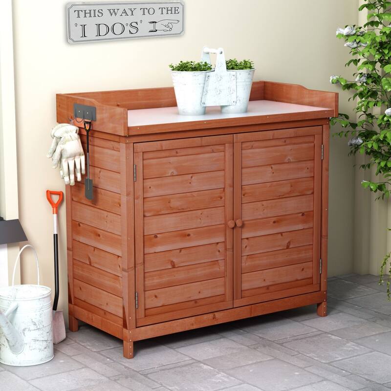 39 in. W x 37.4 in. H Storage Cabinet Garden Shed Potting Bench Table with 2-Tier Shelves and Side Hook