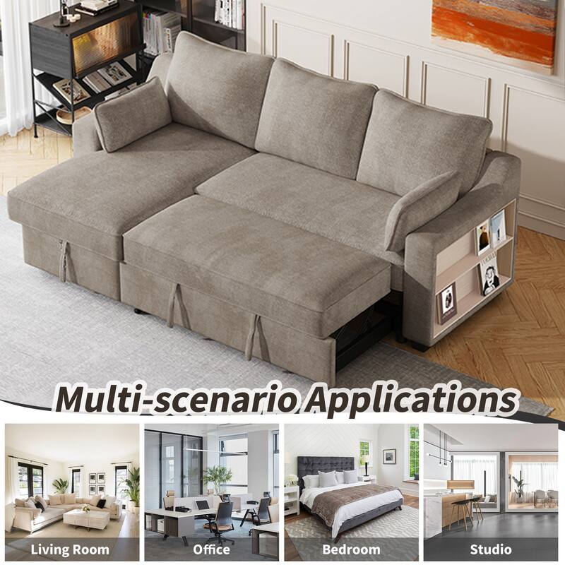 90" Fabric L-Shaped 3 Seater Sleeper Sofa with Pull-Out Bed, Storage Chaise, USB Ports, and Side Storage Racks
