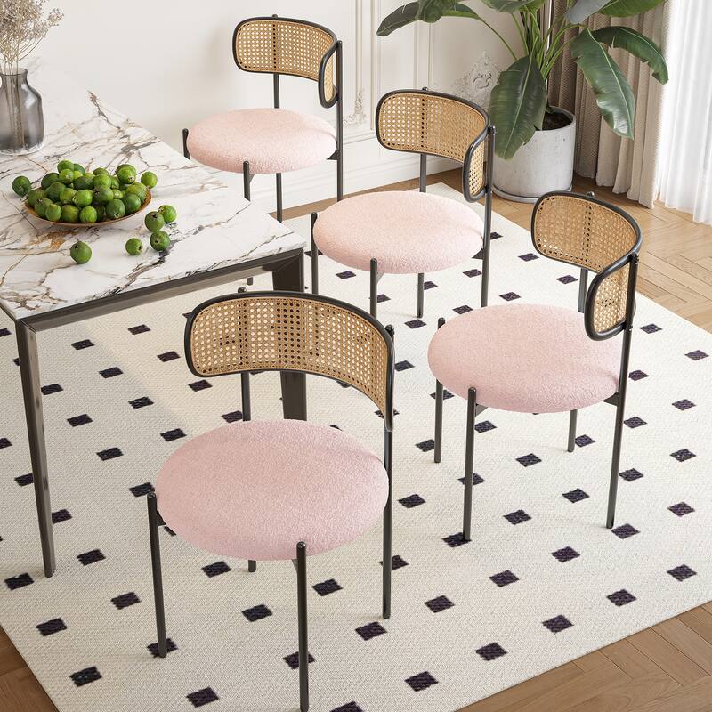 Modern Upholstered Dining Chairs Set of 4,Rattan Back Dining Room Chairs,Accent Kitchen Chairs with Metal Legs