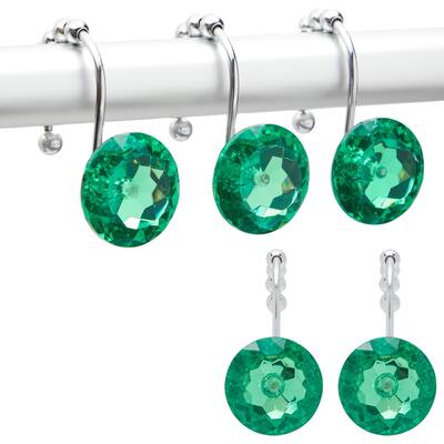 Green Acrylic Diamond Shower Curtain Hooks, Bling Bathroom Decor (Stainless Steel, 12 Pack) - Green