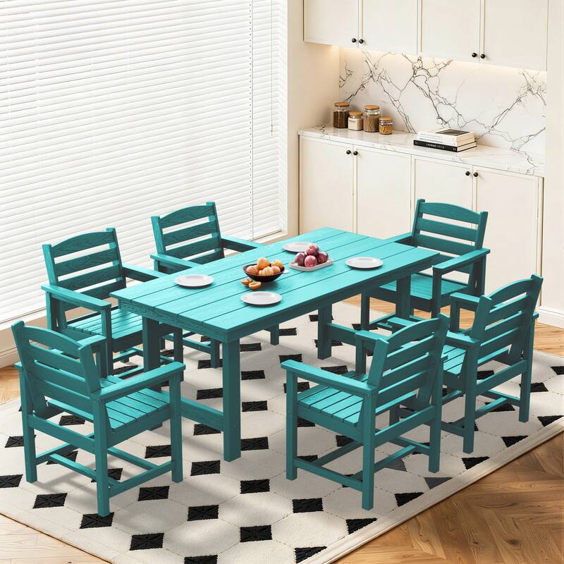 7-Piece HDPE Outdoor Dining Table Sets with Umbrella Hole - 1-Table 6-Chairs