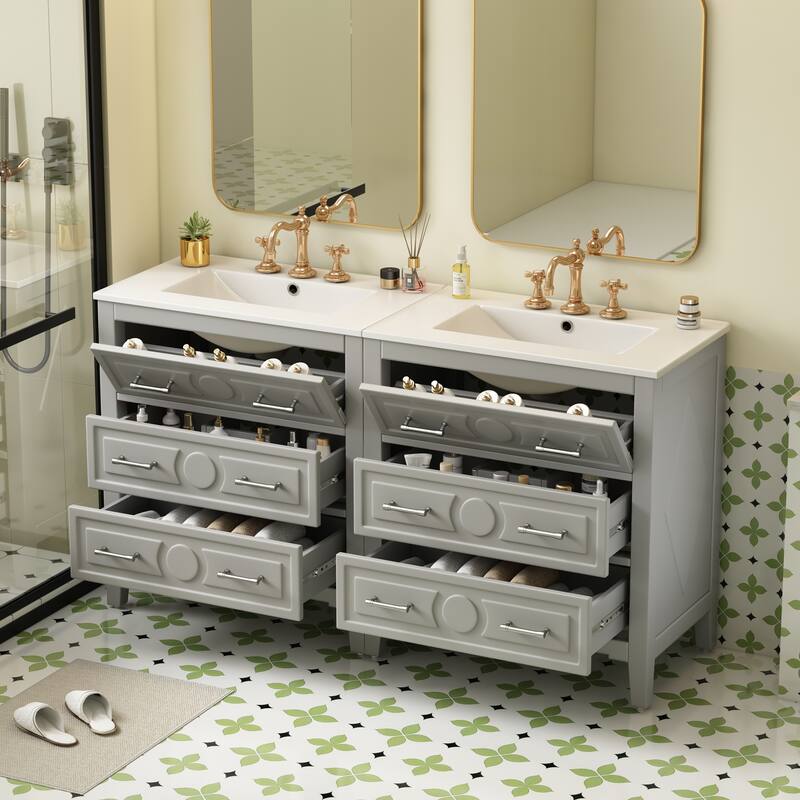 60" Bathroom Vanity with Ceramic Sink - Free Standing Solid Wood Storage Cabinet, 3 Drawers, Single Sink Vanity Set