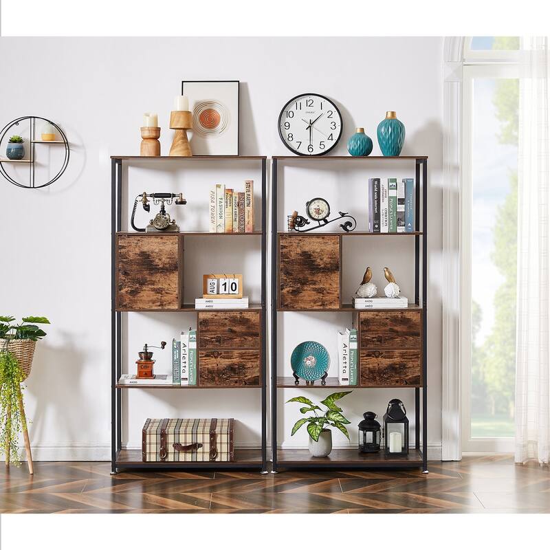 VECELO 4-Tier Book Shelf with 2 Storage Drawers and 1 Cabinet, Set of 2 Bookcase