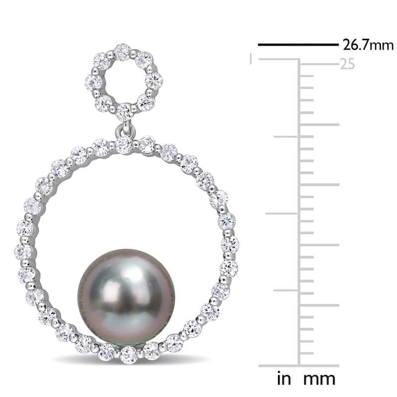 Miadora Tahitian Cultured Pearl & White Sapphire Open Hoop Drop Earrings in 10k White Gold (8.5-9mm)