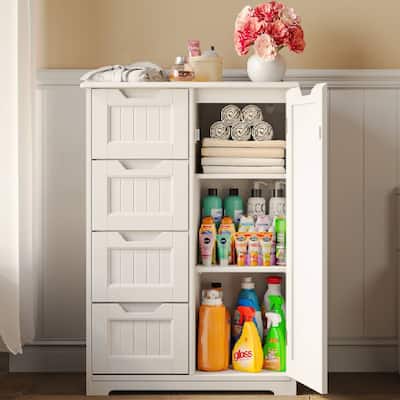 Bathroom Floor Storage Cabinet, Free-Standing Floor Storage Cabinet with 4 Draws and Adjustable Shelf